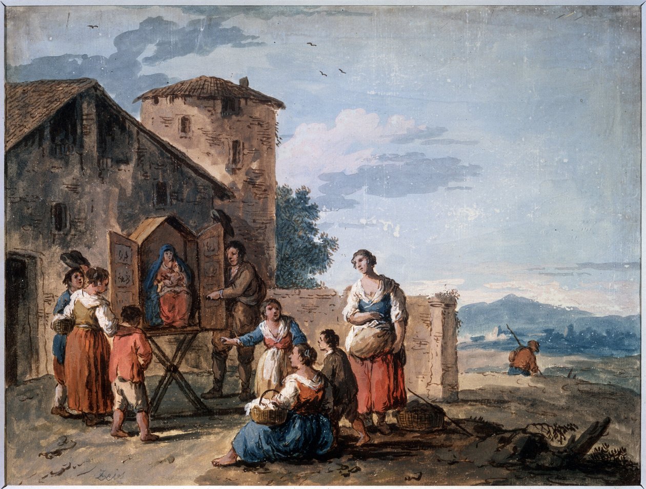 Ryhmä talonpoikia tabernaakkelin edessä seisovan Madonna-patsaan kanssa. Piirustus Giuseppe Zais (1709-1784). Tempera ja seepia paperille, 30,2 x 38 cm, noin 1750. Venetsialainen koulu tekijältä Giuseppe Zais