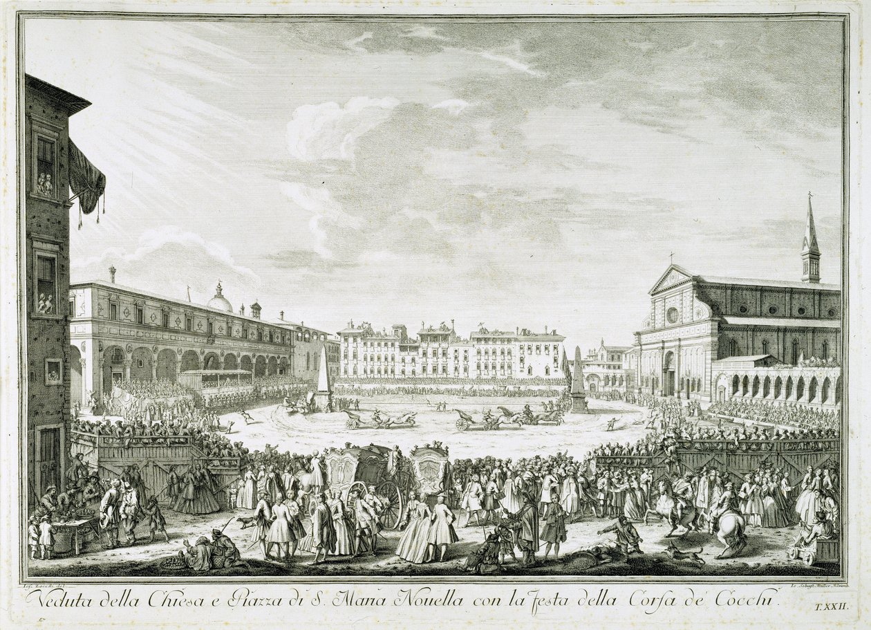 Corsa dei Cocchi -juhla Piazza Santa Maria Novellalla. Corsa dei Cocchin juhlaa Santa Maria Novellan kirkon aukiolla Firenzessä. Giuseppe Zocchin (1711-1767) piirustus. Firenze, Biblioteca Riccardiana. tekijältä Giuseppe Zocchi