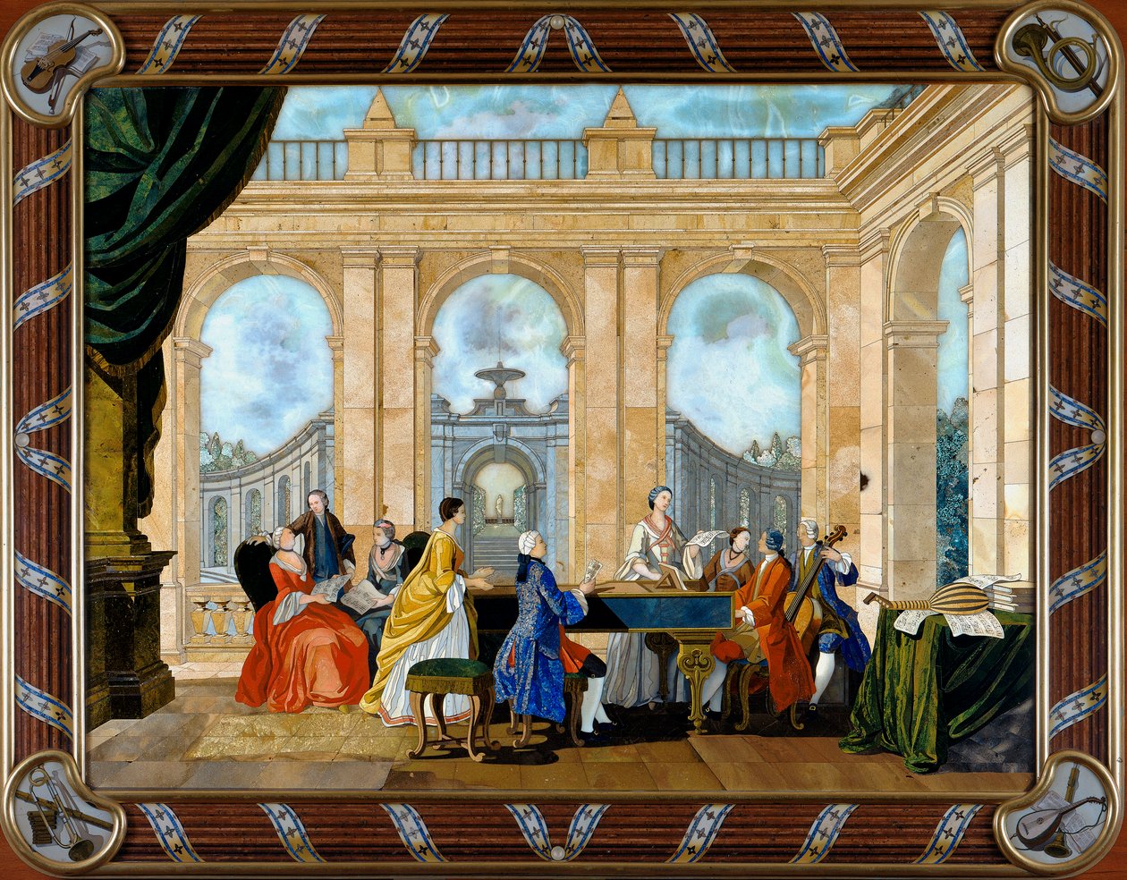 Paneeli pietre dure -upotuksella, joka kuvaa musiikkia tekijältä Giuseppe Zocchi