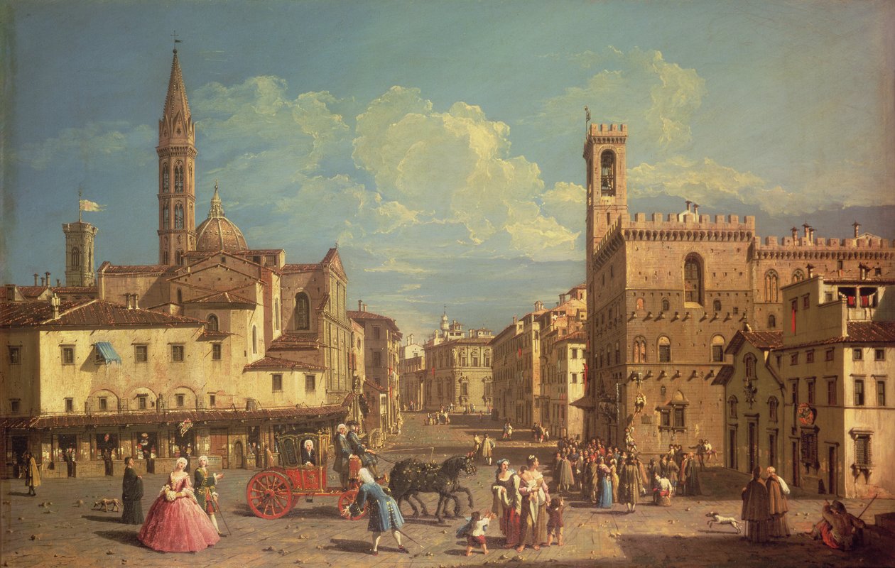 Badia Fiorentina ja Palazzo Del Podesta Piazza di San Firenzellä, n. 1754 (öljy kankaalle) tekijältä Giuseppe Zocchi