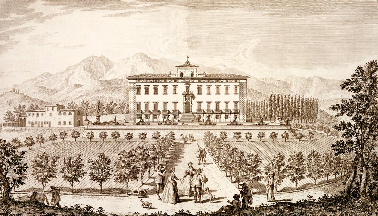 Näkymä Villa del Baronelle, Giuseppe Bouchardin "Näkymät Toscanaan", julkaistu 1744-57 tekijältä Giuseppe Zocchi