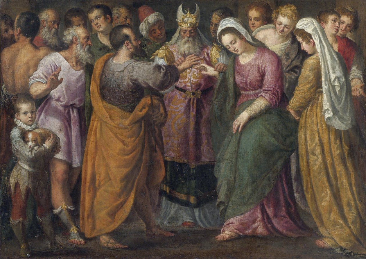 Le mariage de Marie et Joseph - Marian ja Josephin häät par Salviati, Giuseppe (1520-1575). Öljy kankaalle, koko: 116,8x164, , Yksityiskokoelma tekijältä Giuseppe della Porta Salviati