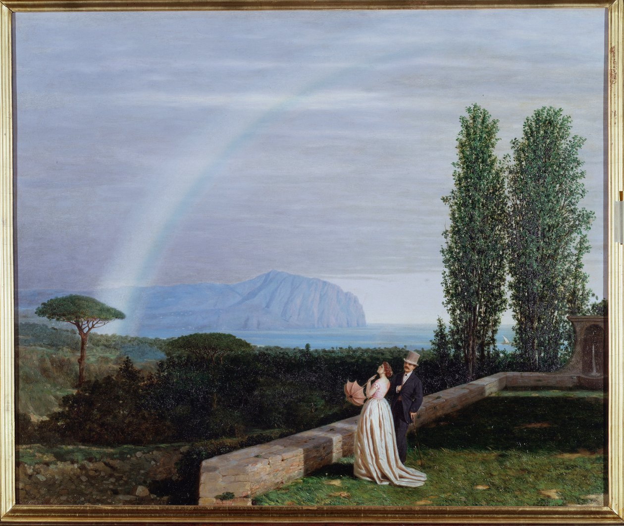 Maisema lähellä Genoaa, pariskunta katselee sateenkaarta Giuseppe delle Pianen (1832-1902) maalaus 1902 Koko 73x88 cm Genes, Galleria by Arte Moderna, inv 0260 tekijältä Giuseppe delle Piane