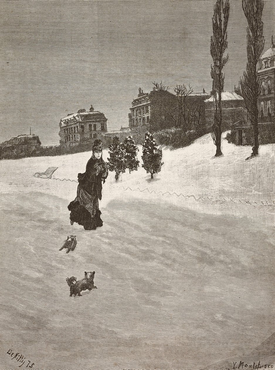 On kylmä!, nainen kävelee lumessa, kaiverrus Giuseppe De Nittisin maalauksesta, piirustus Montefusco, L