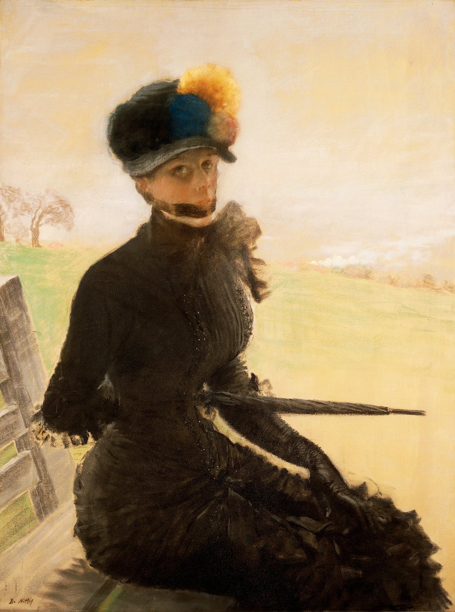 La femme aux pompoms (Naiset pompon kanssa), n. 1879 (pastelli kankaalle) tekijältä Giuseppe or Joseph de Nittis