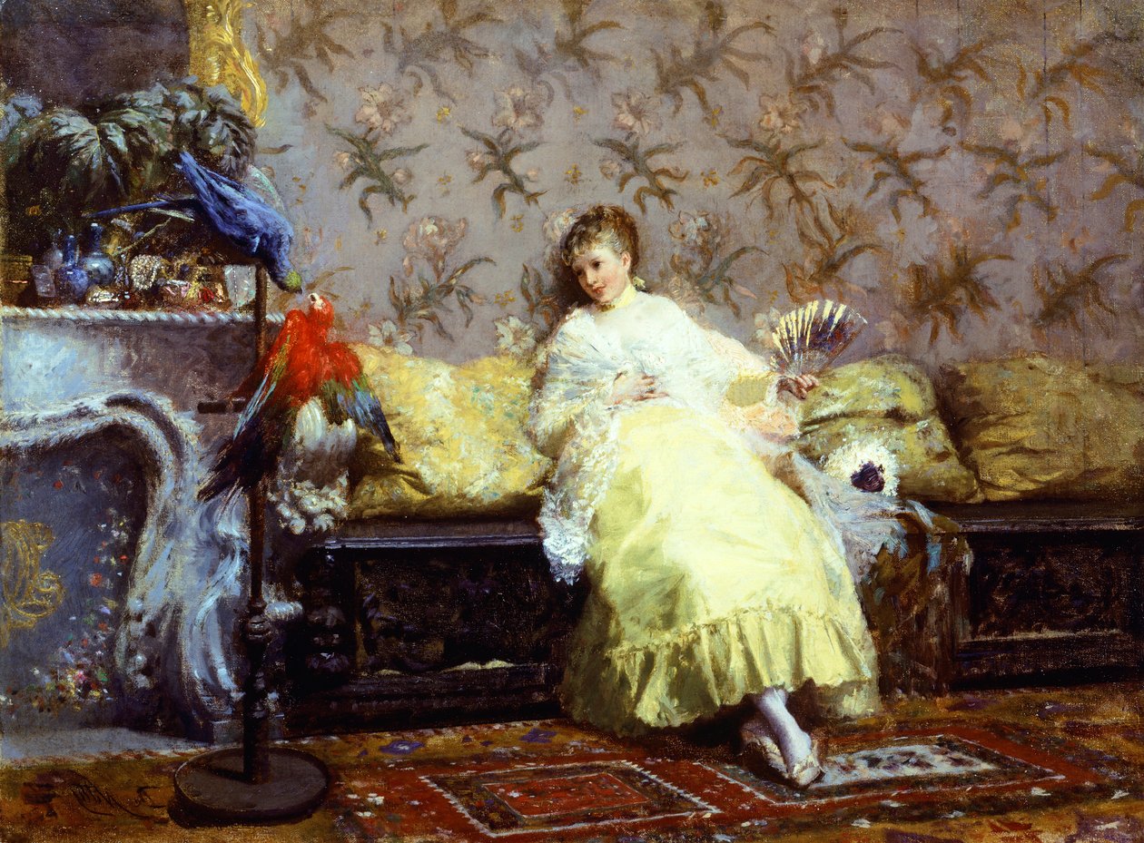 Nainen papukaijoineen, n. 1869, kirjoittanut Giuseppe de Nittis (1846-1884), öljy kankaalle, 24,2x23 cm. tekijältä Giuseppe or Joseph de Nittis