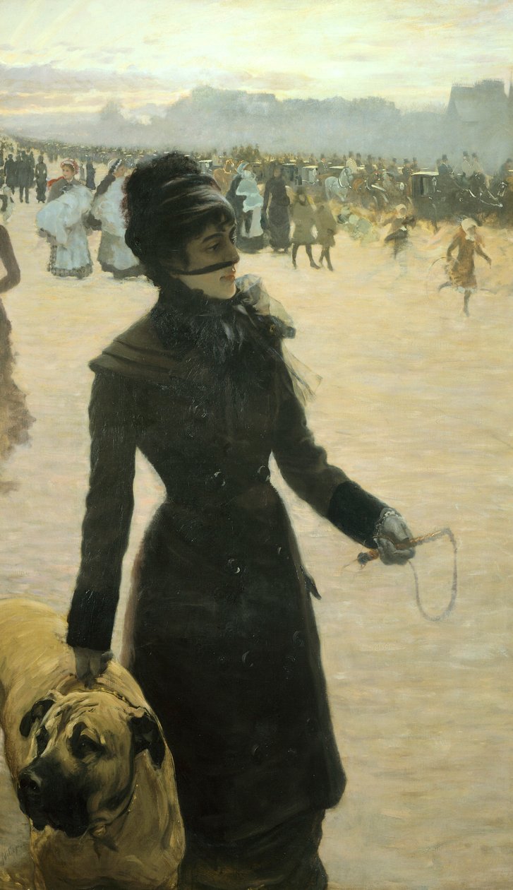 Palattuaan Bois de Boulognesta, nainen koiran kanssa tekijältä Giuseppe or Joseph de Nittis