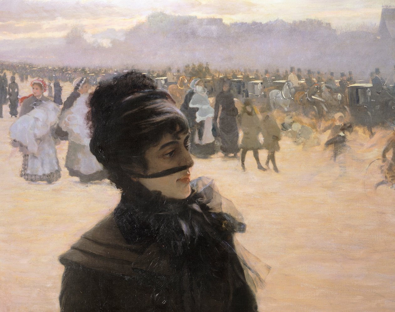 Palaa Bois de Boulognesta, nainen koiran kanssa, kirjoittanut Giuseppe de Nittis, yksityiskohta tekijältä Giuseppe or Joseph de Nittis