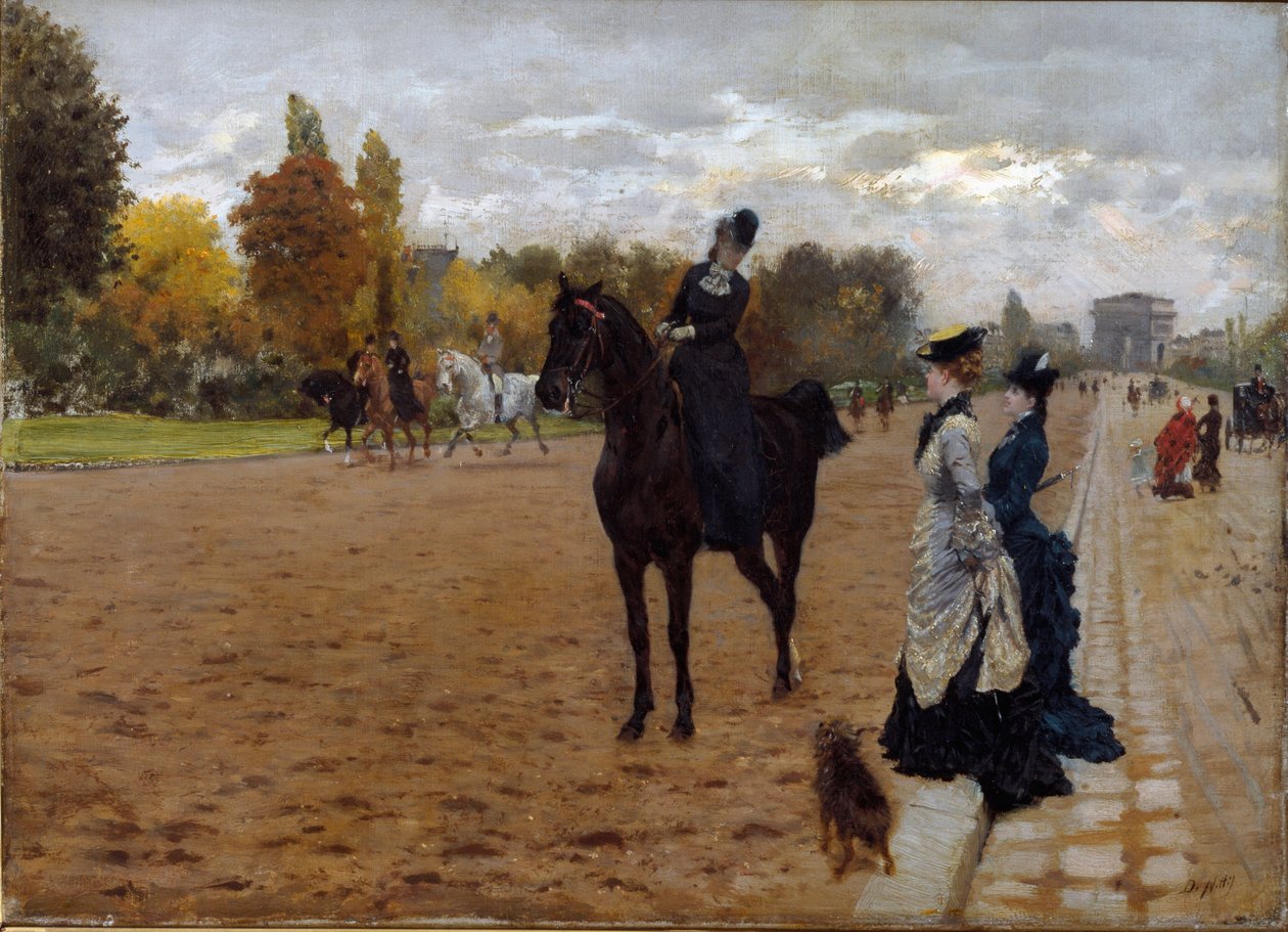 Amazon Cavaliere keskustelee kävelijöiden kanssa Avenue Fochin kanssa Pariisissa. Giuseppe De Nittisin (1846-1884) maalaus noin 1875. Öljy kankaalle. Mitat: 42 x 31 cm. Genes, Galleria d