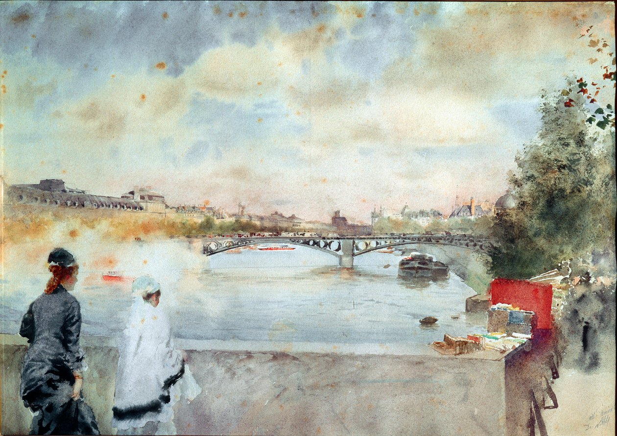 Seinen rannat Kaksi Pariisin sillalla istuvaa naista katsovat jokea kohti, oikealla laiturien kirjailijat. Akvarelli Giuseppe De Nittis (1846-1884) 1875 Galleria d
