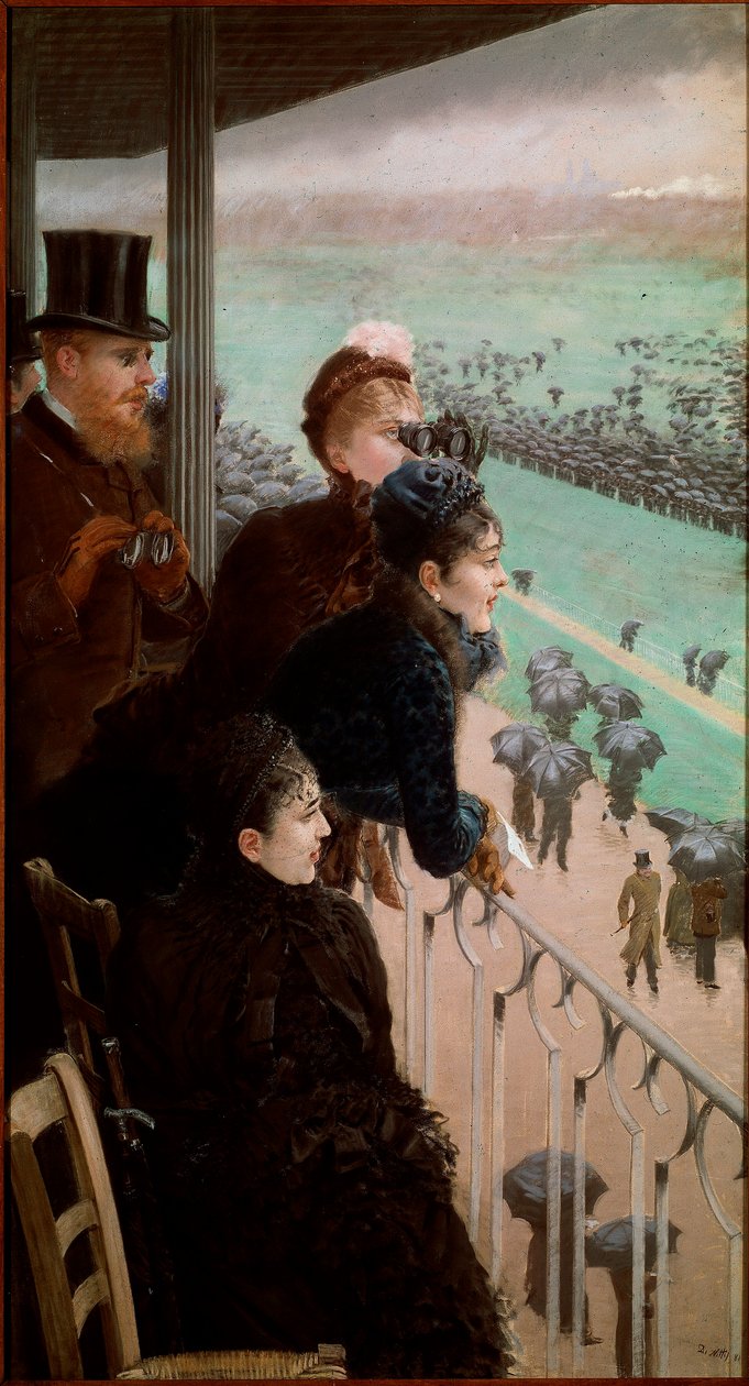 Kilpailut Bois de Boulognessa Katsojia katsomassa hevoskilpailuja. Giuseppe De Nittisin (1846-1884) maalaus 1881 Rooma, Galleria Nazionale d