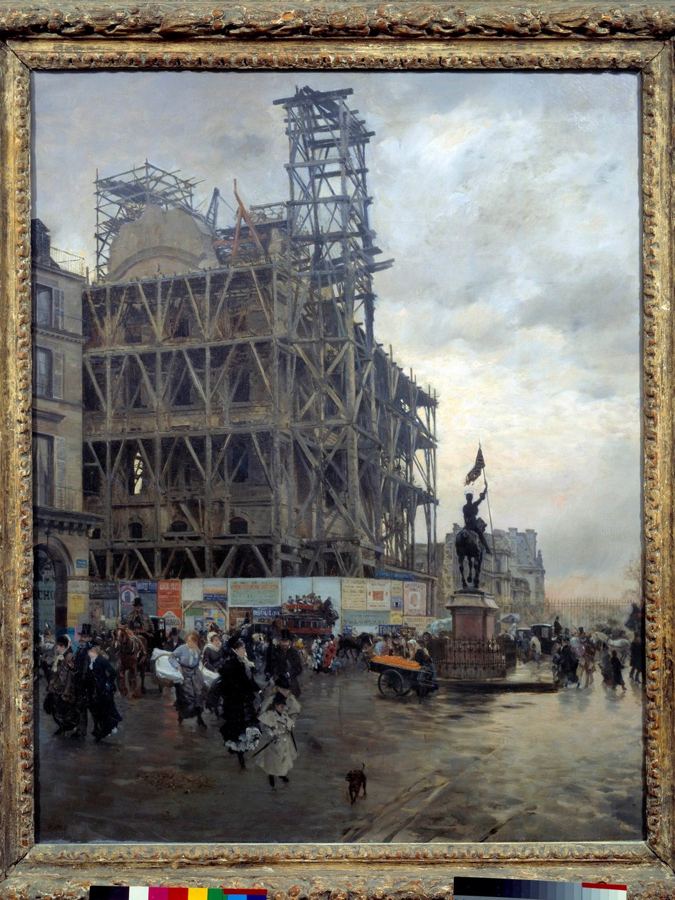 Näkymä Place des Pyramides -aukiolle Pariisissa vuonna 1875 Pariisilaiset ylittävät aukion lähellä rakennustyömaa. Giuseppe de Nittisin (1846-1894) maalaus 1875 Su. 0,92x0,74 m. Pariisi, Musee d