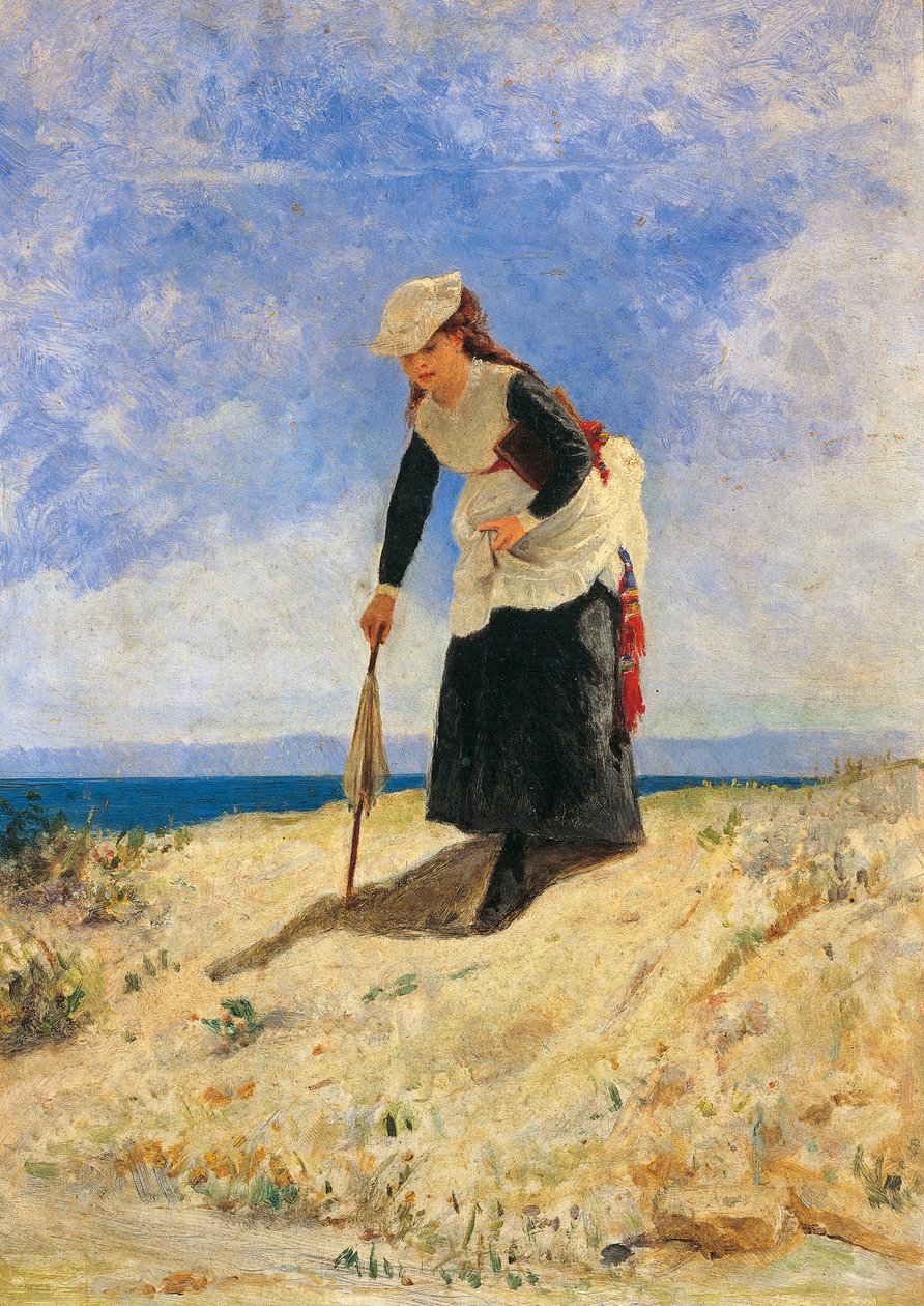 Nainen hiekassa, noin 1875, kirjoittanut Giuseppe de Nittis (1846-1884), öljy kankaalle, 35x26 cm tekijältä Giuseppe or Joseph de Nittis