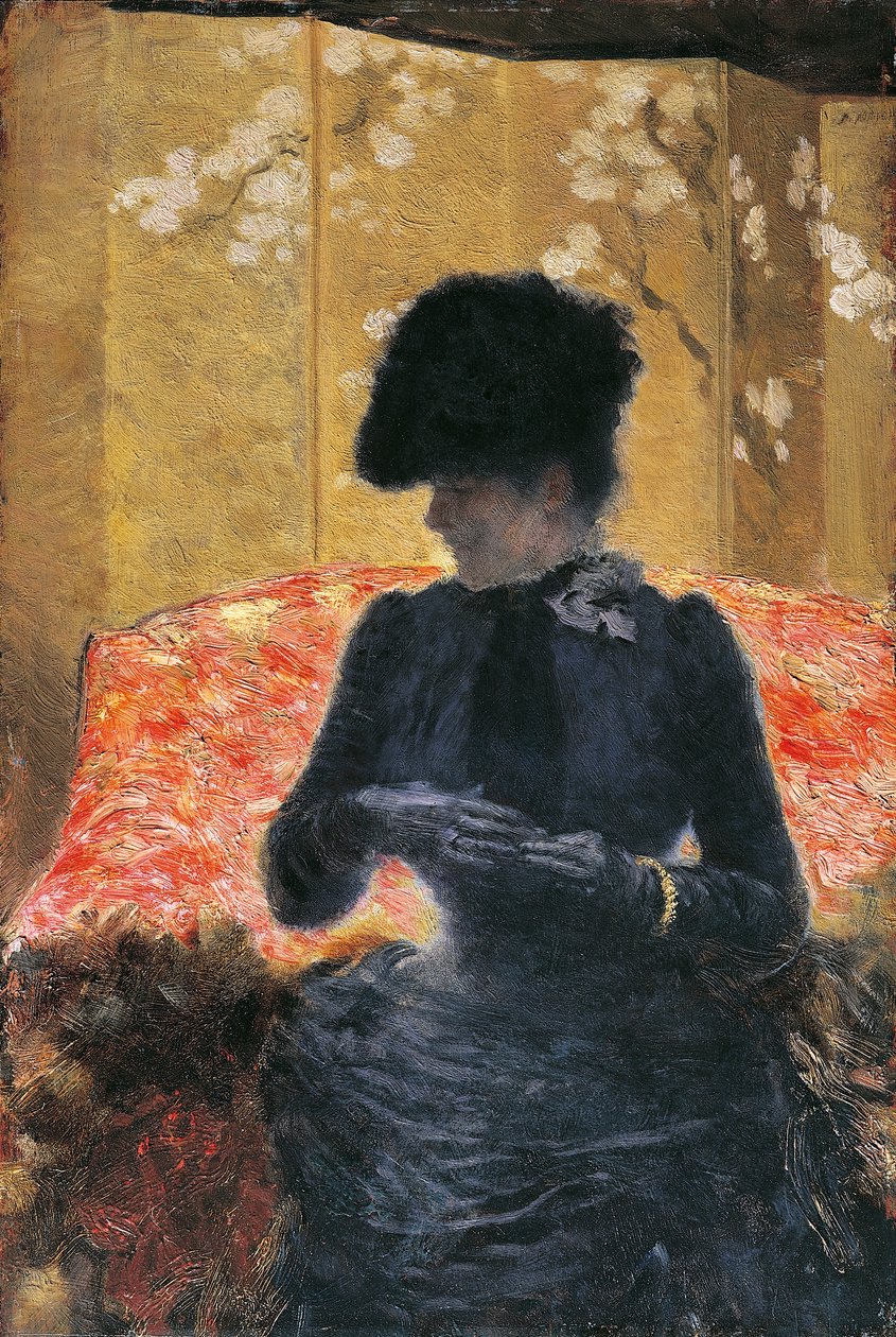 Nainen punaisella sohvalla tekijältä Giuseppe or Joseph de Nittis