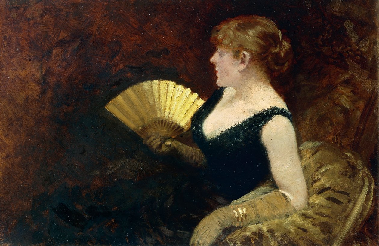Nainen tuulettimen kanssa (öljy kankaalle) tekijältä Giuseppe or Joseph de Nittis