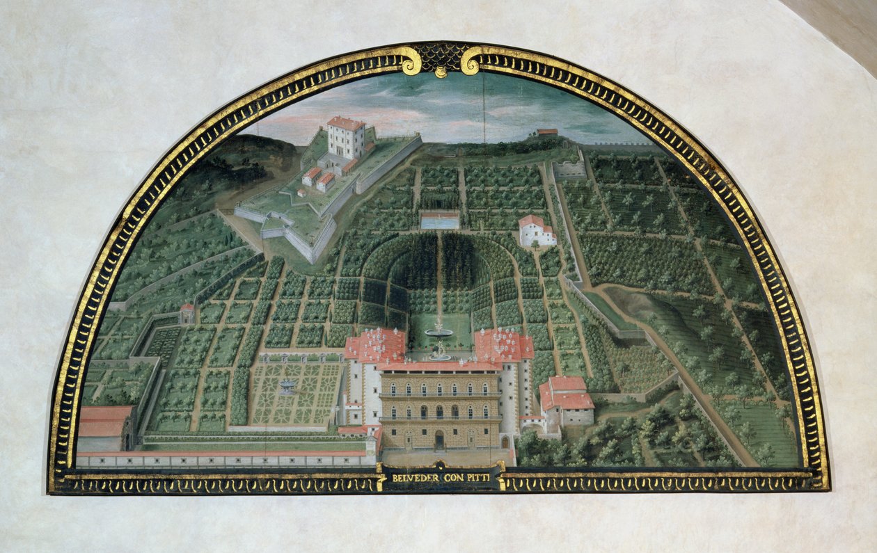 Fort Belvedere ja Pitti-palatsi lunetteista, jotka kuvaavat näkymiä Medici-huviloihin, 1599 (tempera paneelissa) tekijältä Giusto Utens