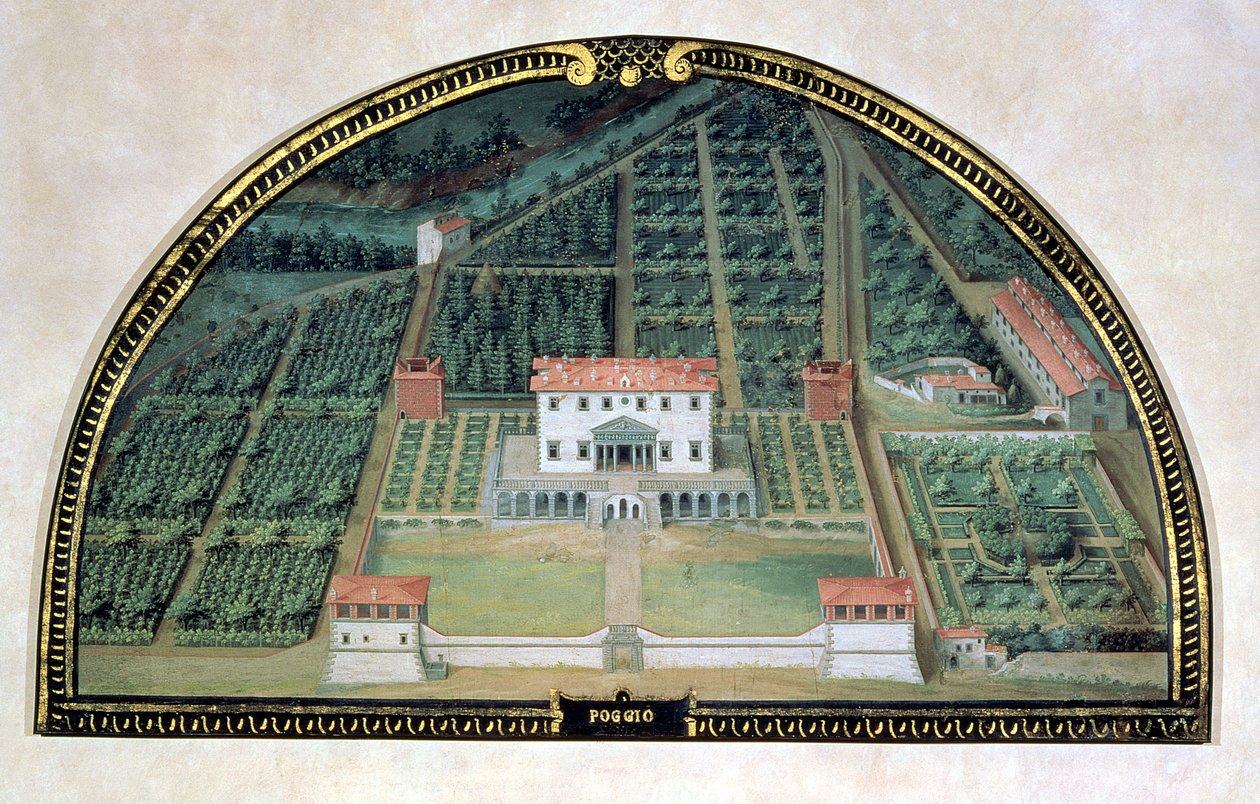 Villa Poggio a Caiano lunetteista, jotka kuvaavat näkymiä Medici-huviloihin, 1599 (tempera paneelissa) tekijältä Giusto Utens