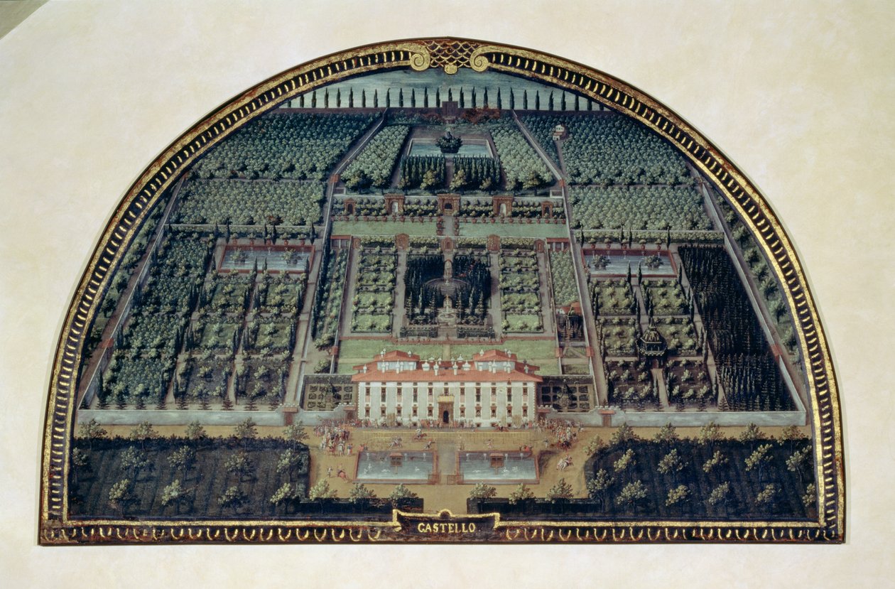 Villa di Castello lunetteista, jotka kuvaavat näkymiä Medici-huviloihin, 1599 (tempera paneelissa) tekijältä Giusto Utens