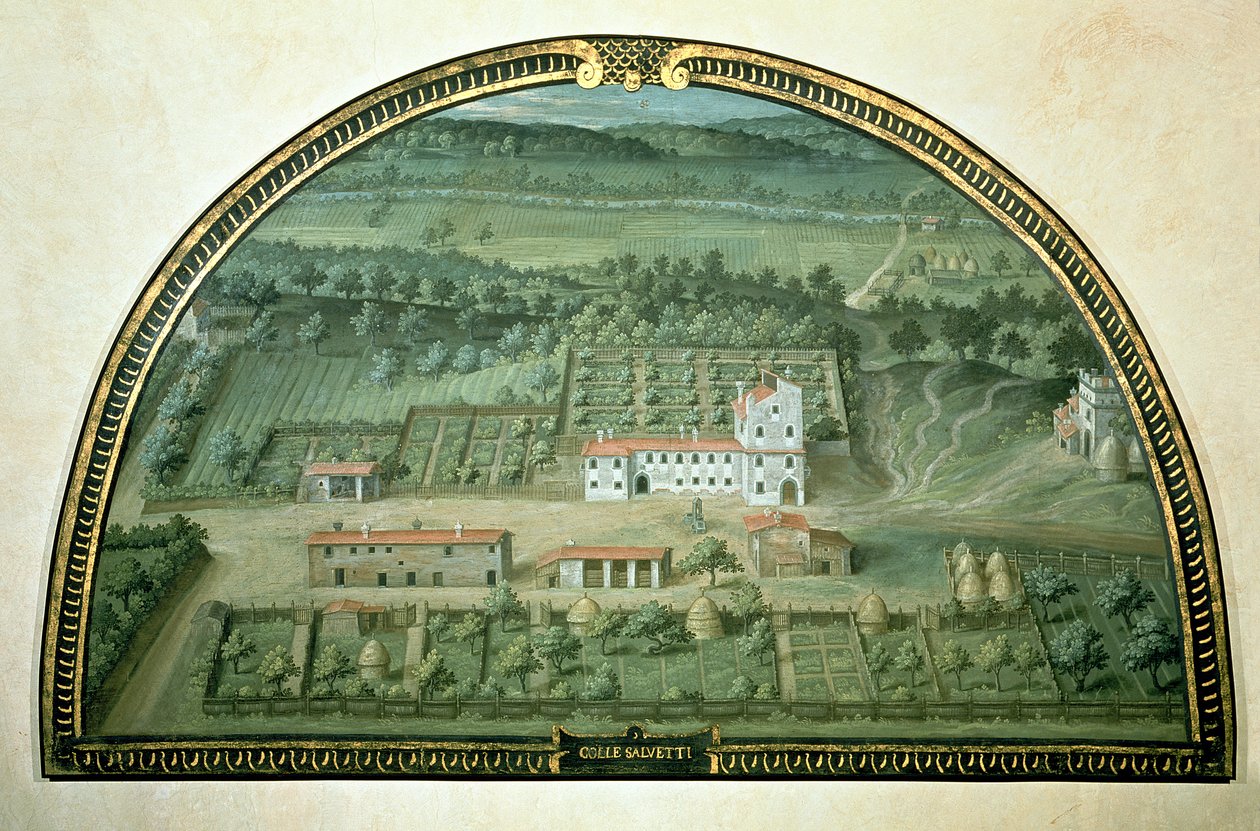 Colle Salvetti, sarjasta lunetteja, jotka kuvaavat näkymiä Medici-huviloihin, 1599 (tempera paneelissa) tekijältä Giusto Utens