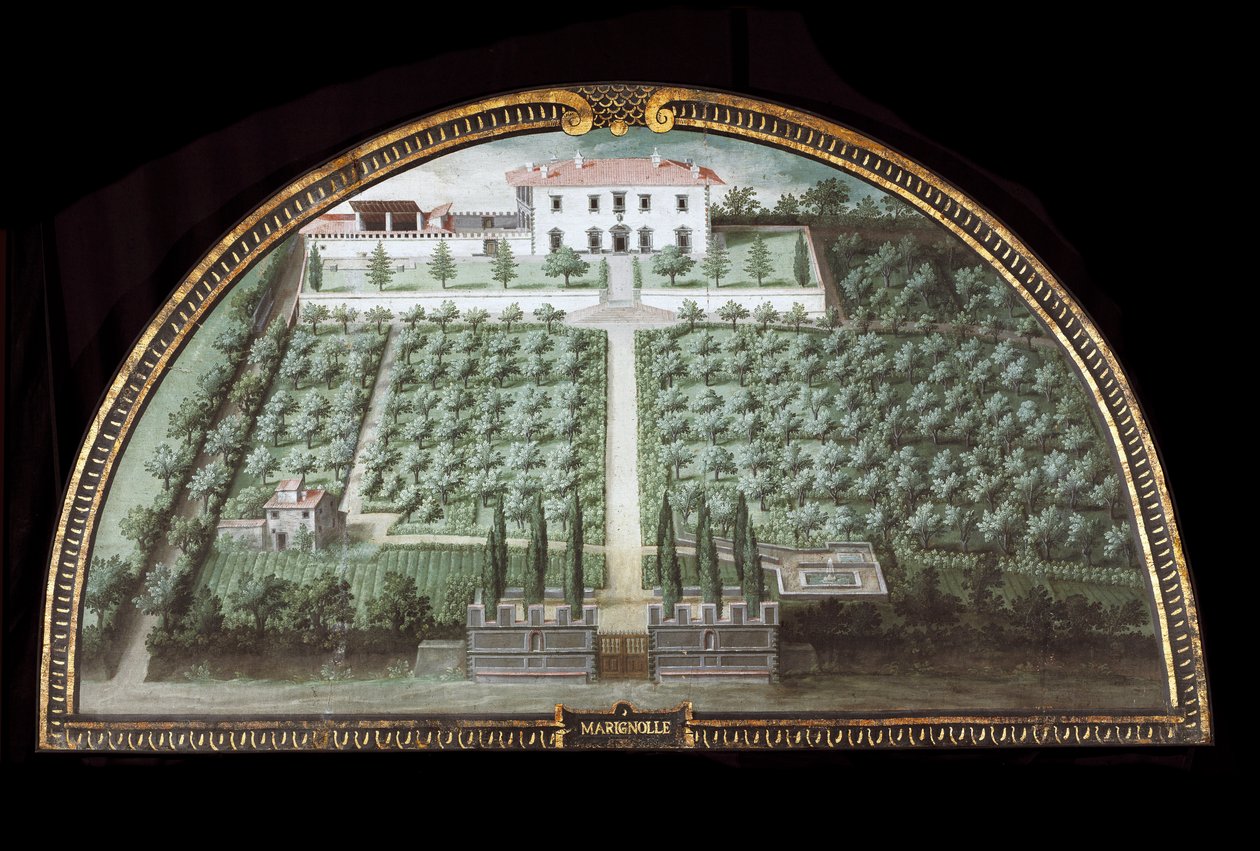 Näkymä Villa di Marignollesta Firenzen lähellä, Italiassa (Tempera tekijältä Giusto Utens