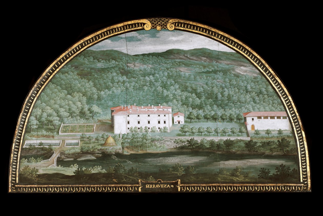 Näkymä Villa di Seravezzasta lähellä Massa Carraraa, Italia (Tempera tekijältä Giusto Utens