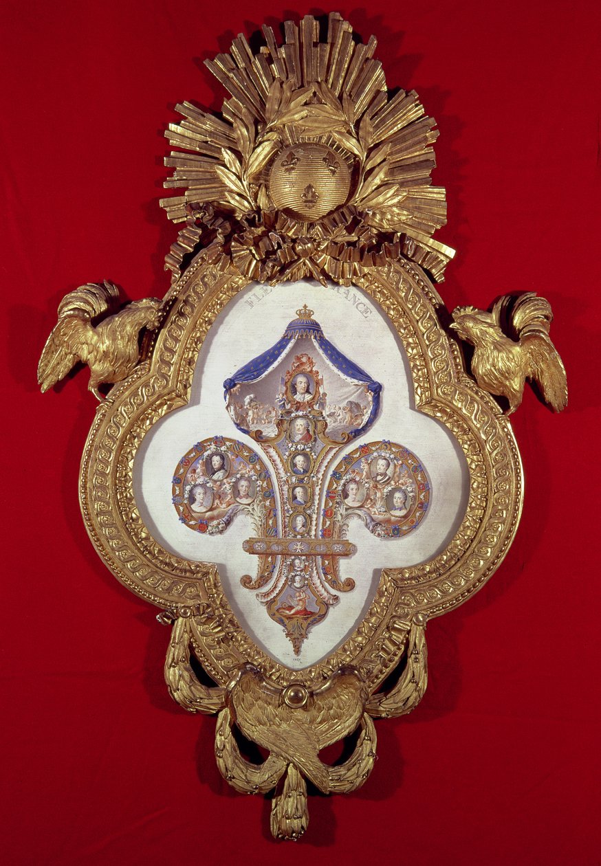 Fleur de France, sukupuu, jossa on kolmetoista muotokuvaa Ludvig XV:stä (1710-74) ja hänen jälkeläisistään fleur-de-lysin muotoisessa kehyksessä, 1765 (kulta ja emali) tekijältä Glokeur de Surchamps