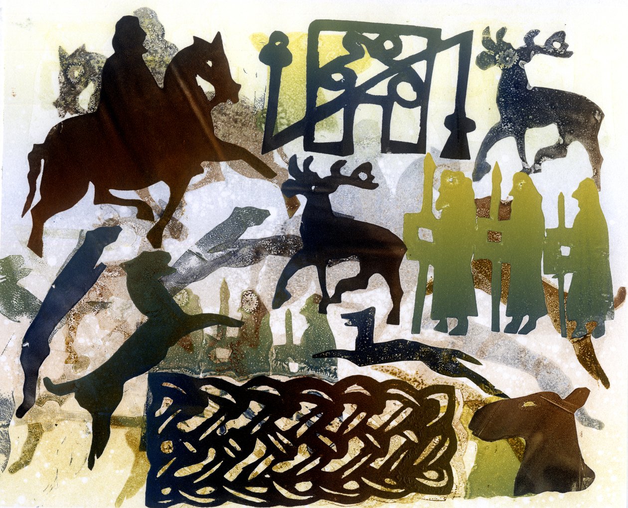 Pictish symbolit ja nyöritys (monoprintti) tekijältä Gloria Wallington