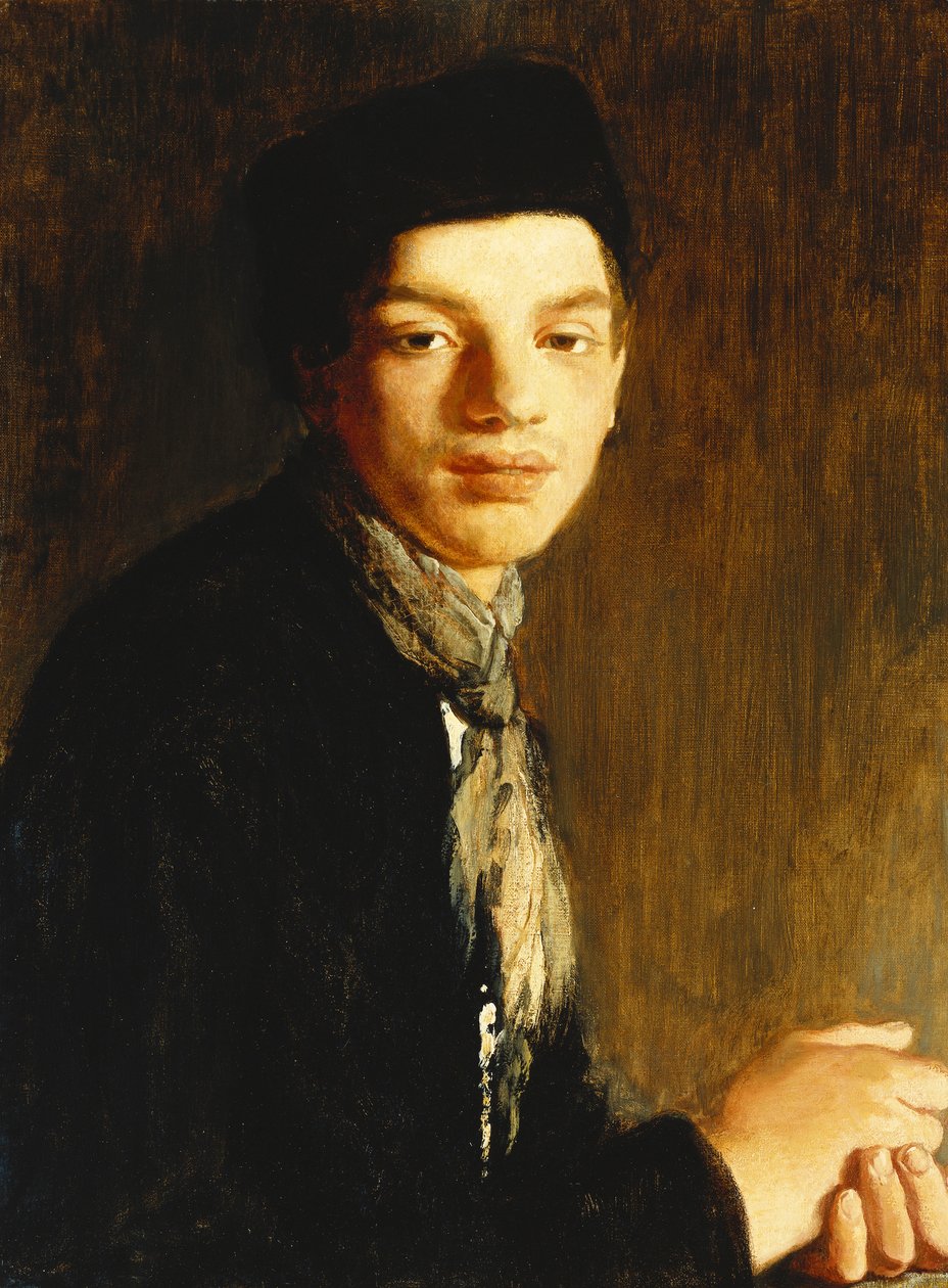 Nuori, puolipitkä, yllään musta hattu ja kaulahuivi, n. 1911 (öljy kankaalle) tekijältä Glyn Warren Philpot