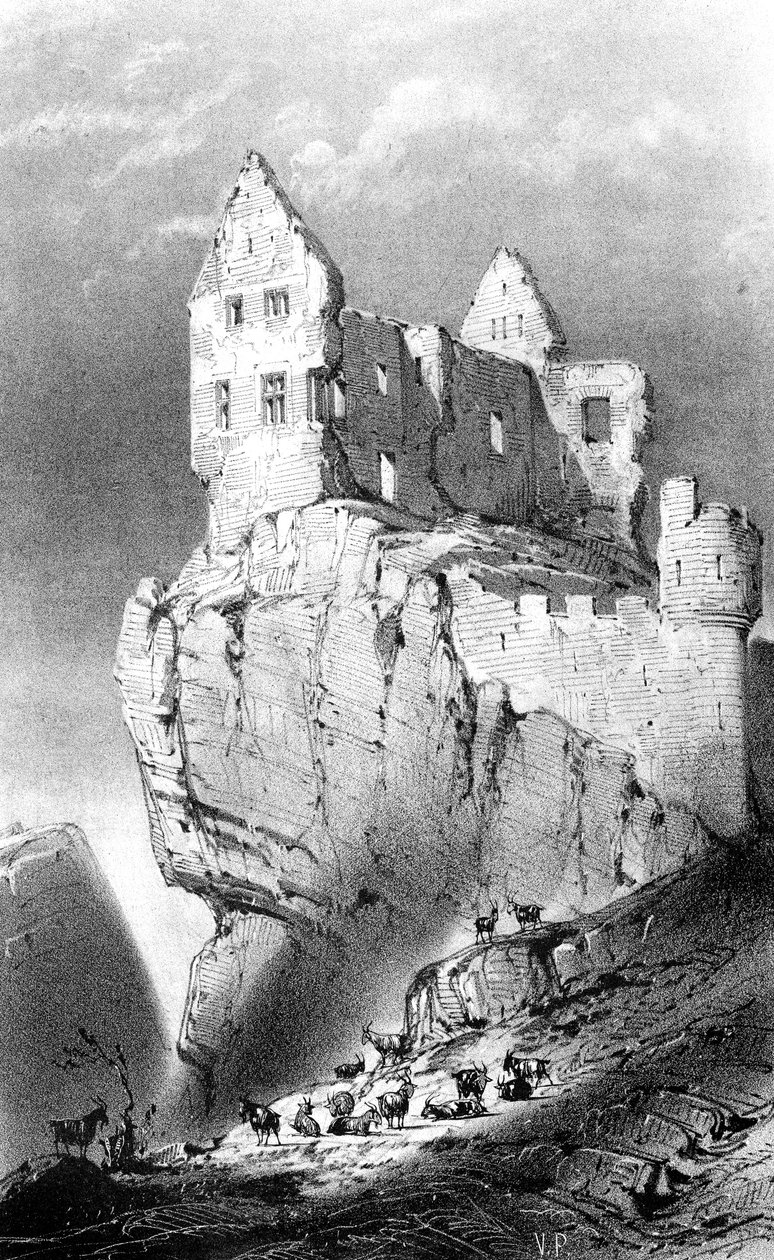 Chateau de Crussol, Saint-Peray, Ranska, 1800-luku. tekijältä Godard Q. des Augustins