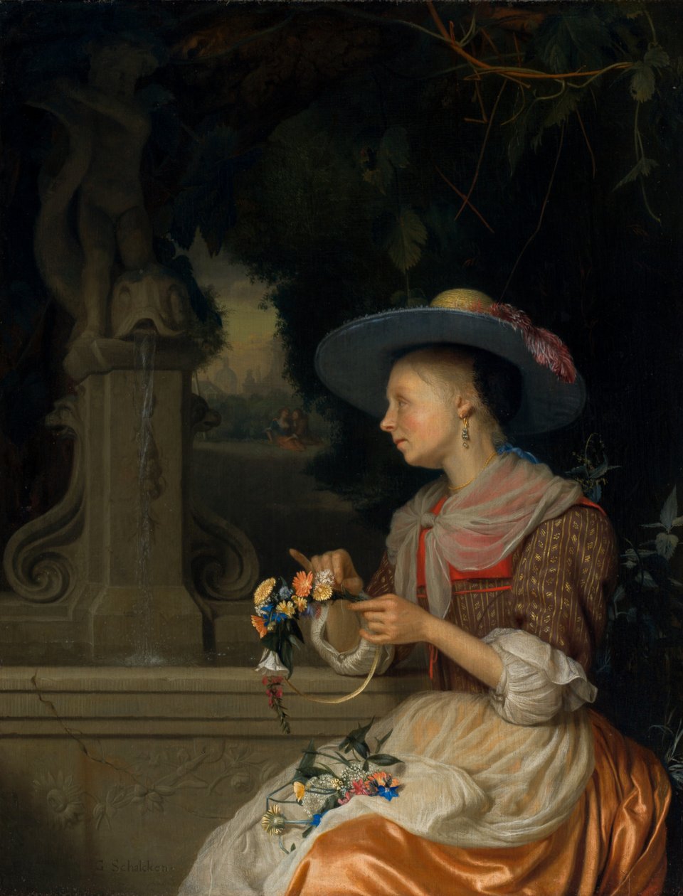 Nainen kutomassa kukkakruunua tekijältä Godefridus Schalcken