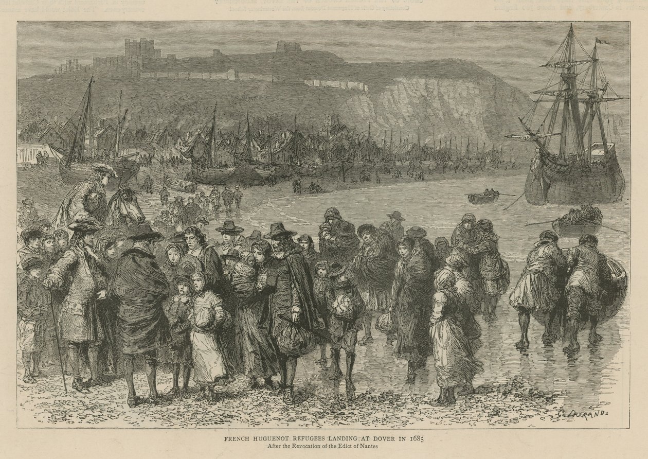 Hugenotit Englannissa: Ranskalaiset hugenottien pakolaiset laskeutuvat Doveriin vuonna 1685 (kaiverrus). tekijältä Godefroy Durand