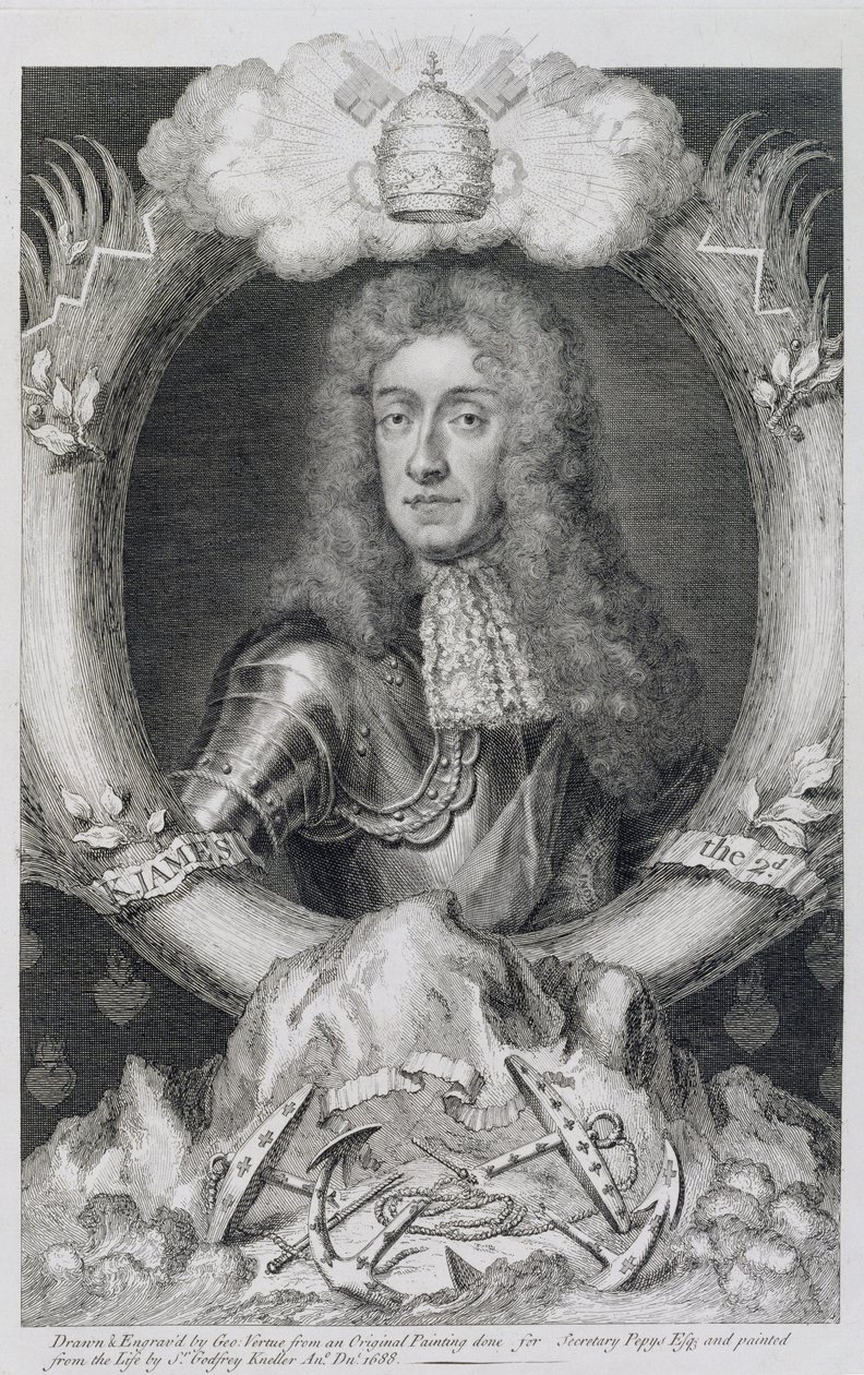 George Vertuen (1684-1756) kaiverruttama muotokuva Skotlannin Jaakko VII:stä, Englannin II:sta (1633-1701). tekijältä Godfrey Kneller
