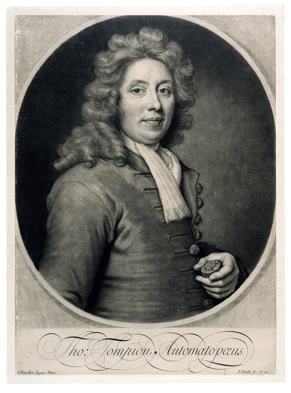 John Smithin kaivertama Thomas Tompionin (1639-1713) muotokuva (mezzotint) tekijältä Godfrey Kneller