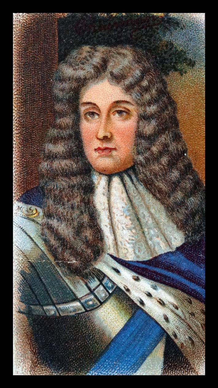 JAMES II (1633-1701) Ison-Britannian ja Irlannin kuningas 1685-88; pakeni Ranskaan sen jälkeen, kun Vilhelm Oranialainen (Vilhelm III) nousi maihin Torbayssa. Kromolitografiakortti Godfrey Knellerin muotokuvan mukaan. tekijältä Godfrey (after) Kneller