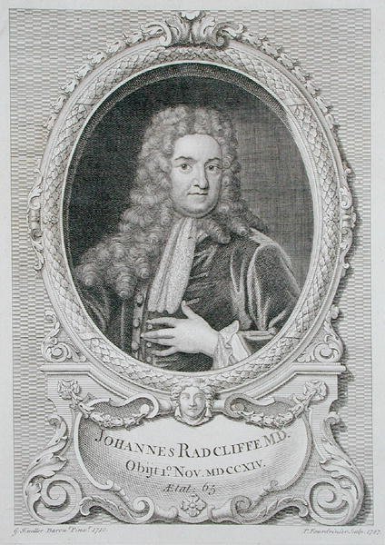 John Radcliffen (1650-1714) muotokuva julkaisusta "Plans, Sections and Elevations of the Radcliffe Library", kaiverrus Pierre Fourdrinier (k.1758) 1747 (kaiverrus) tekijältä Godfrey (after) Kneller