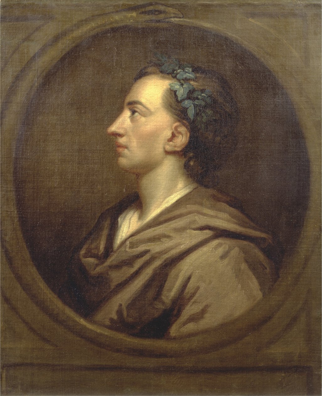 Alexander Pope (1688-1744) -profiili, kruunattu muratilla (öljy kankaalle) tekijältä Godfrey (studio of) Kneller