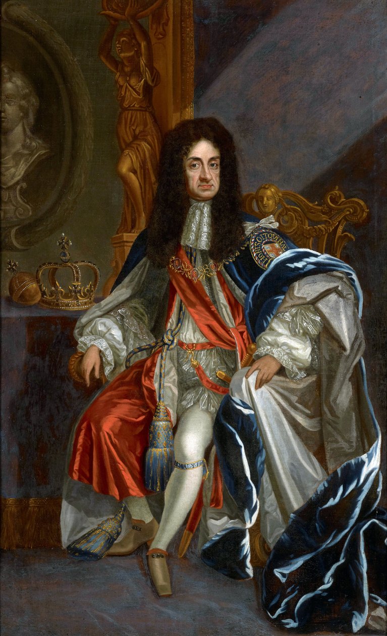 Barokki : Englannin Kaarle II:n (1630-1685) muotokuva Sukkanauhan ritarikunnan par Kneller, Sir Gotfrey (1646-1723) kaapuissa, 17. vuosisadan toinen puolisko. Öljy kankaalle, 99,6x61, 5. Yksityinen kokoelma tekijältä Godfrey Kneller