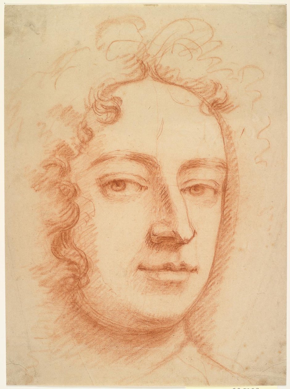 Miehen kasvot, kolme neljäsosaa, katsovat suoraan katsojaan, mahdollisesti omakuva tekijältä Godfrey Kneller