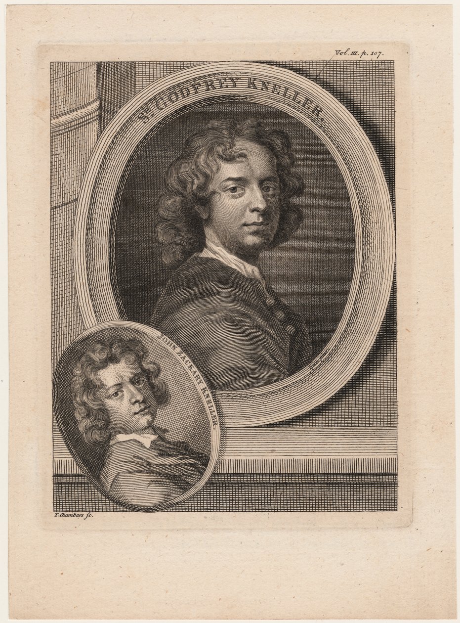 Godfrey Kneller, Horace Walpolen teoksesta "Anekdootit maalauksesta", kaiverrus Thomas Chambars (1724-89), n. 1770 tekijältä Godfrey Kneller