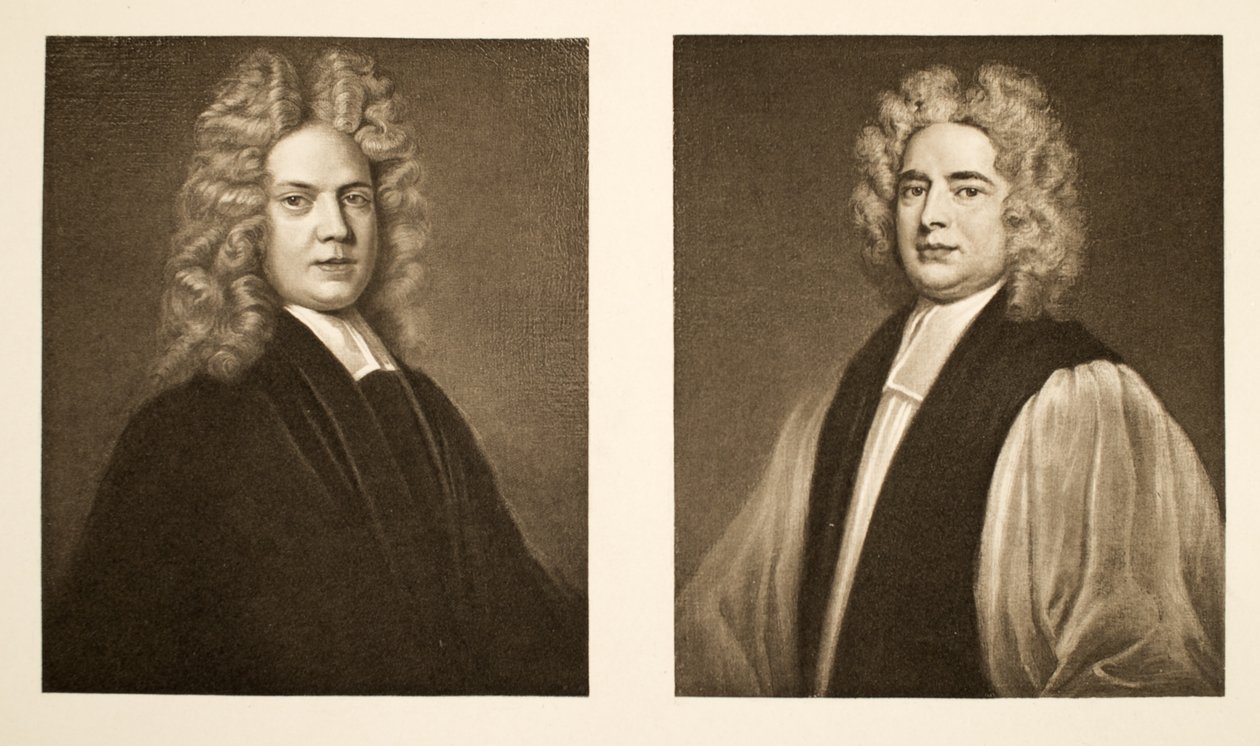 Vasemmalla: Henry Sacheverell D.D. Oikealla: Francis Atterbury, Rochesterin piispa, pubi. 1902 (kollotyyppi) tekijältä Godfrey Kneller