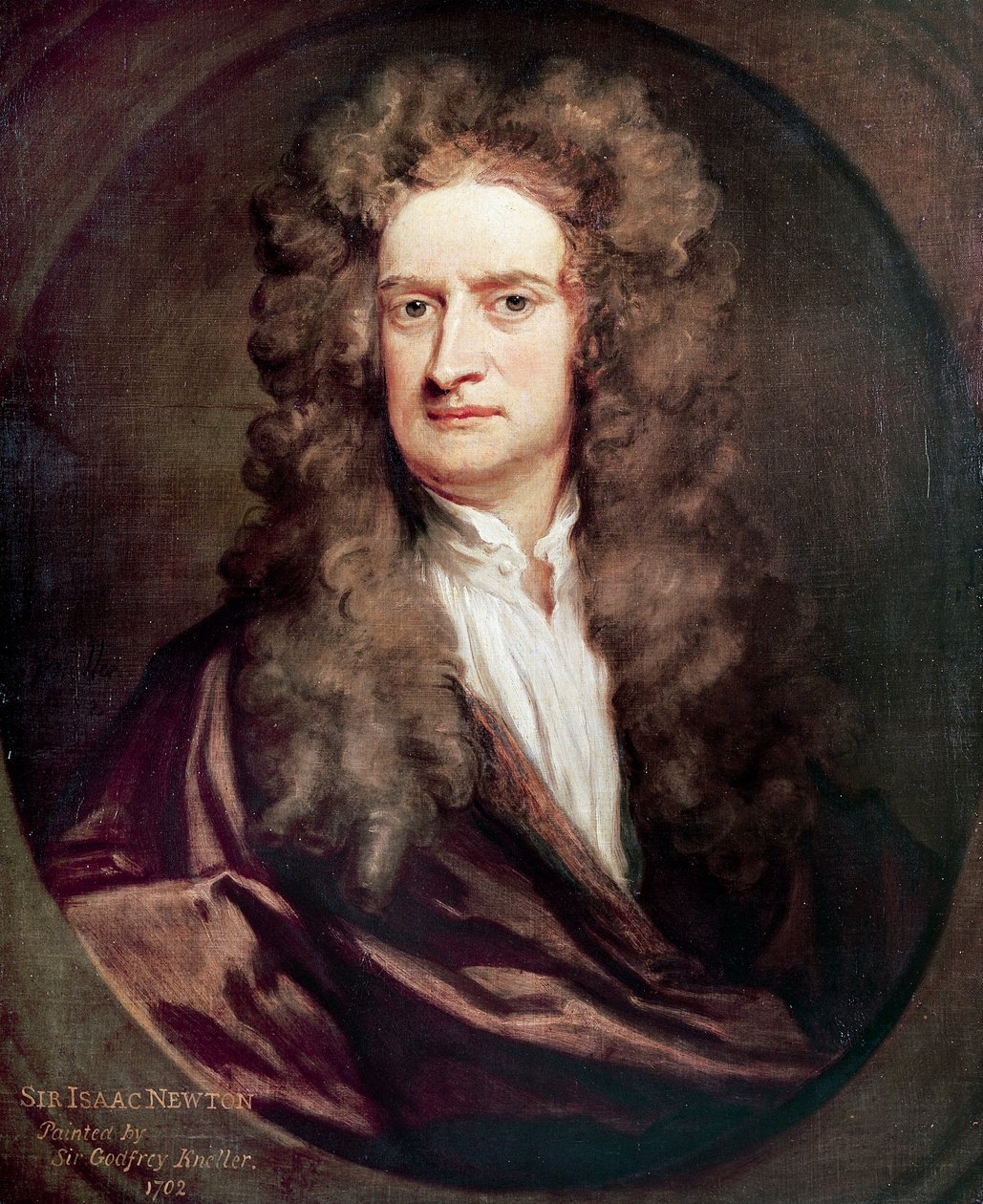 Isaac Newtonin (1642-1727), englantilaisen matemaatikon, fyysikon ja tähtitieteilijän muotokuva, Godfrey Knellerin (1646-1723) maalaus tekijältä Godfrey Kneller