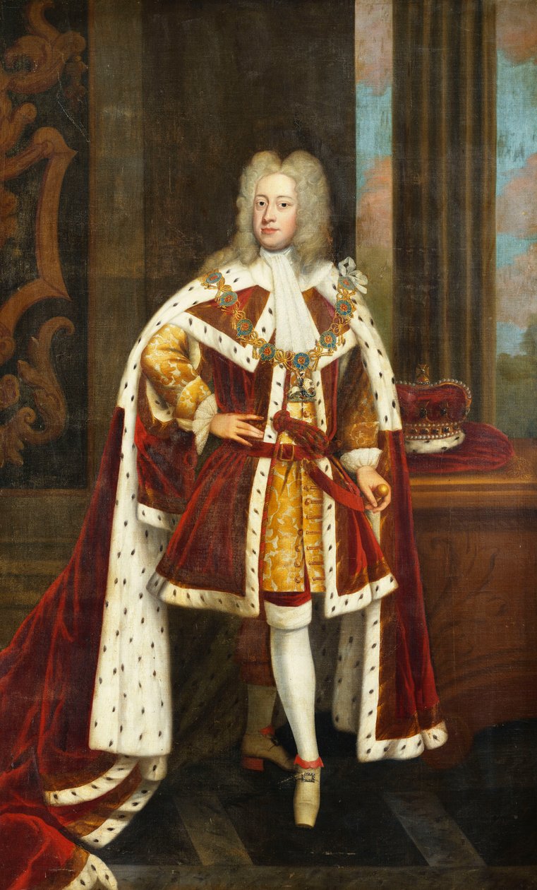 Kuningas George II:n muotokuva, kun Walesin prinssi, täyspitkä, yllään valtion kaapu ja sukkanauharitarikunnan kaulus, pitelee miekkaa vasemmassa kädessään ja koronettia viereisellä pöydällä sisätiloissa, tekijältä Godfrey Kneller