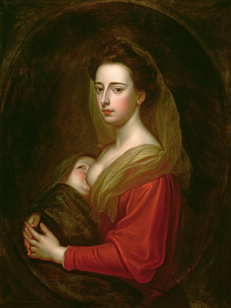 Lady Mary Boylen (1566-1673) ja hänen poikansa Charles Boylen (d.1720) muotokuva (öljy kankaalle maalatussa soikeassa) tekijältä Godfrey Kneller