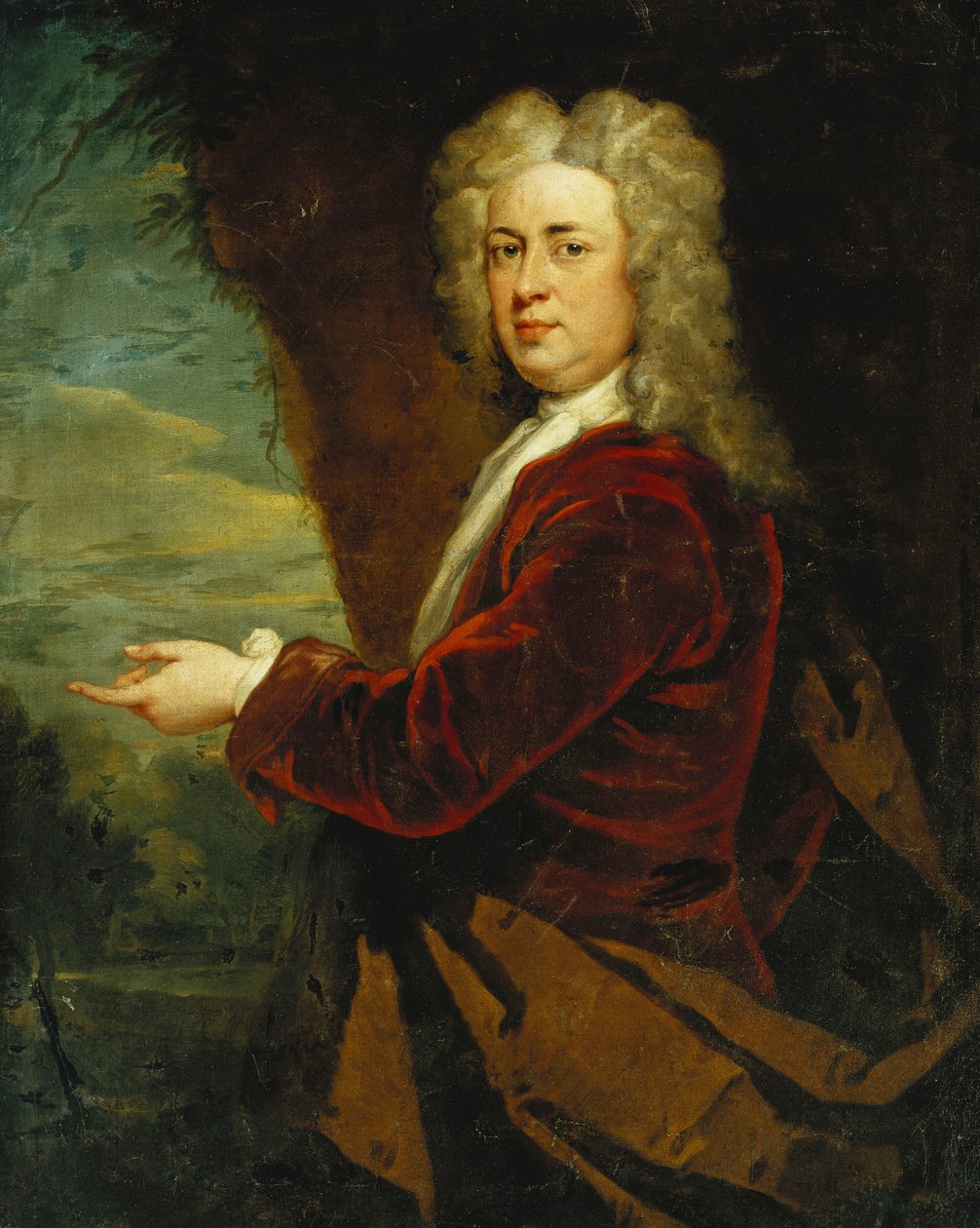 Puistossa seisovan herrasmiehen muotokuva, yllään punainen samettitakki ja ruskea viitta, tekijältä Godfrey Kneller