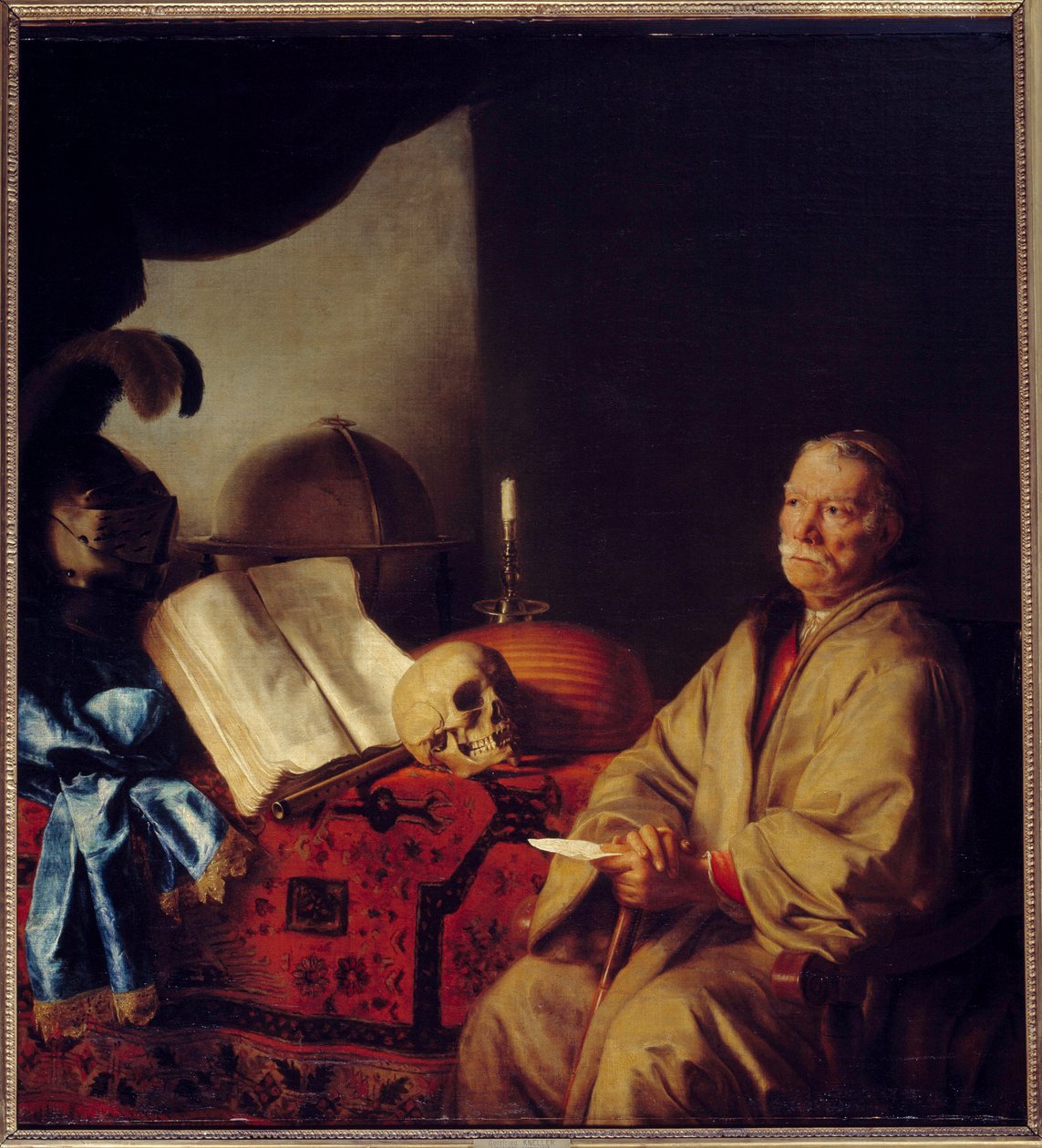 Filosofi meditaatiossa Gottfried Knellerin (1646-1726) maalaus (vaniitti) (ec.all.) 1668 su. 1,37x1,44 m tekijältä Godfrey Kneller