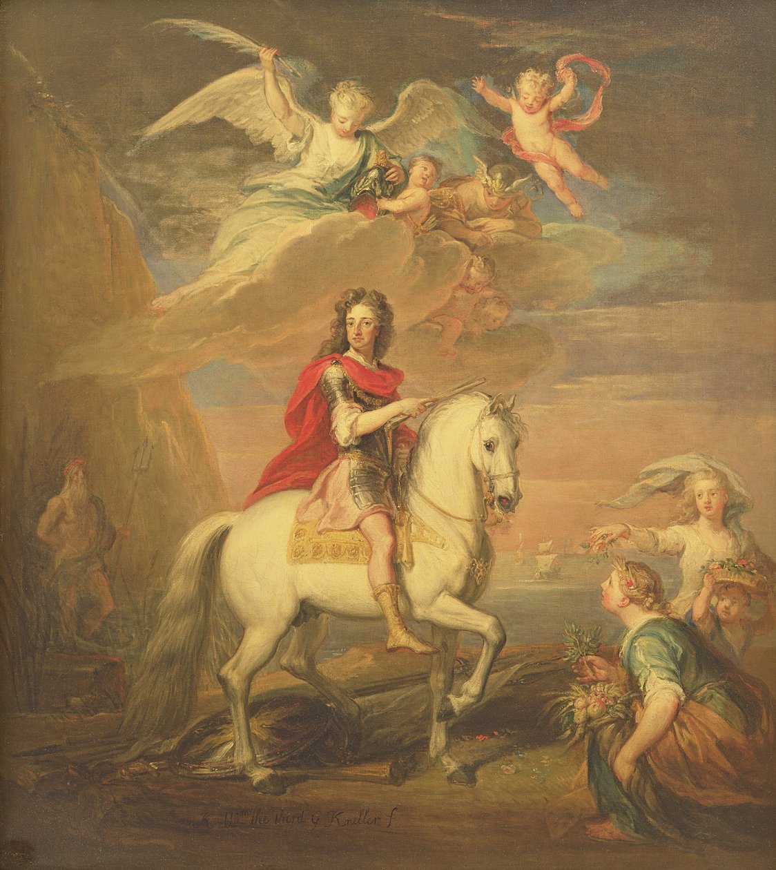 William III harmaalla laturilla, jonka Neptunus, Ceres ja Flora havaitsivat. Merkurius taivaalla ja Astrea tekijältä Godfrey Kneller