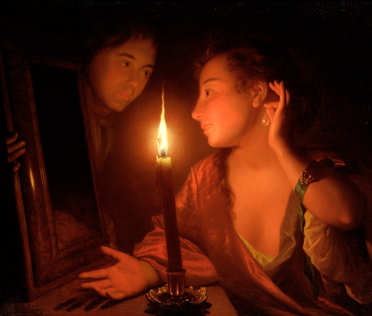 Nainen ihailemassa korvakorua kynttilänvalossa tekijältä Godfried Schalcken