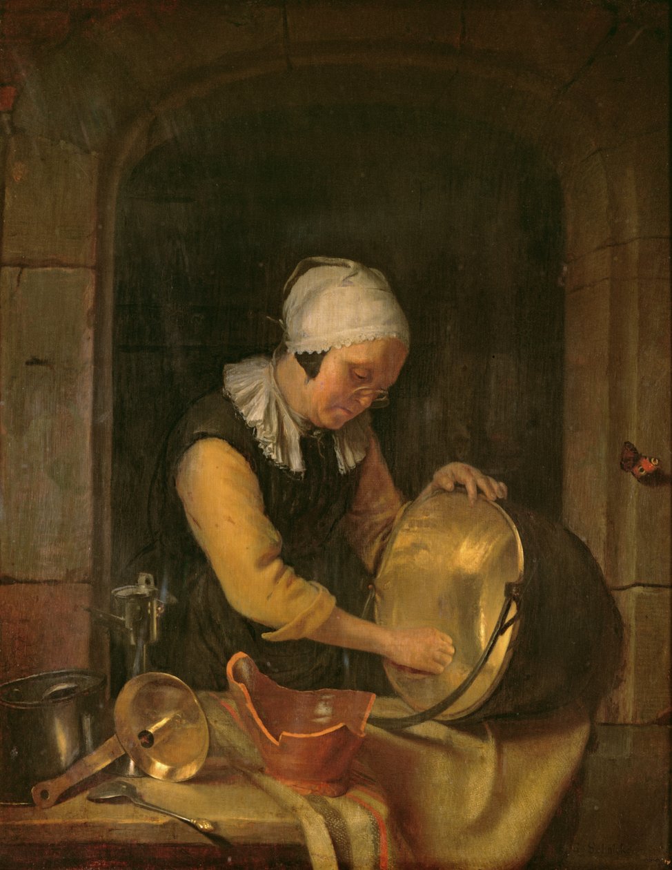 Vanha nainen hankaamassa ruukkua, n. 1660 (öljy tammella) tekijältä Godfried Schalcken