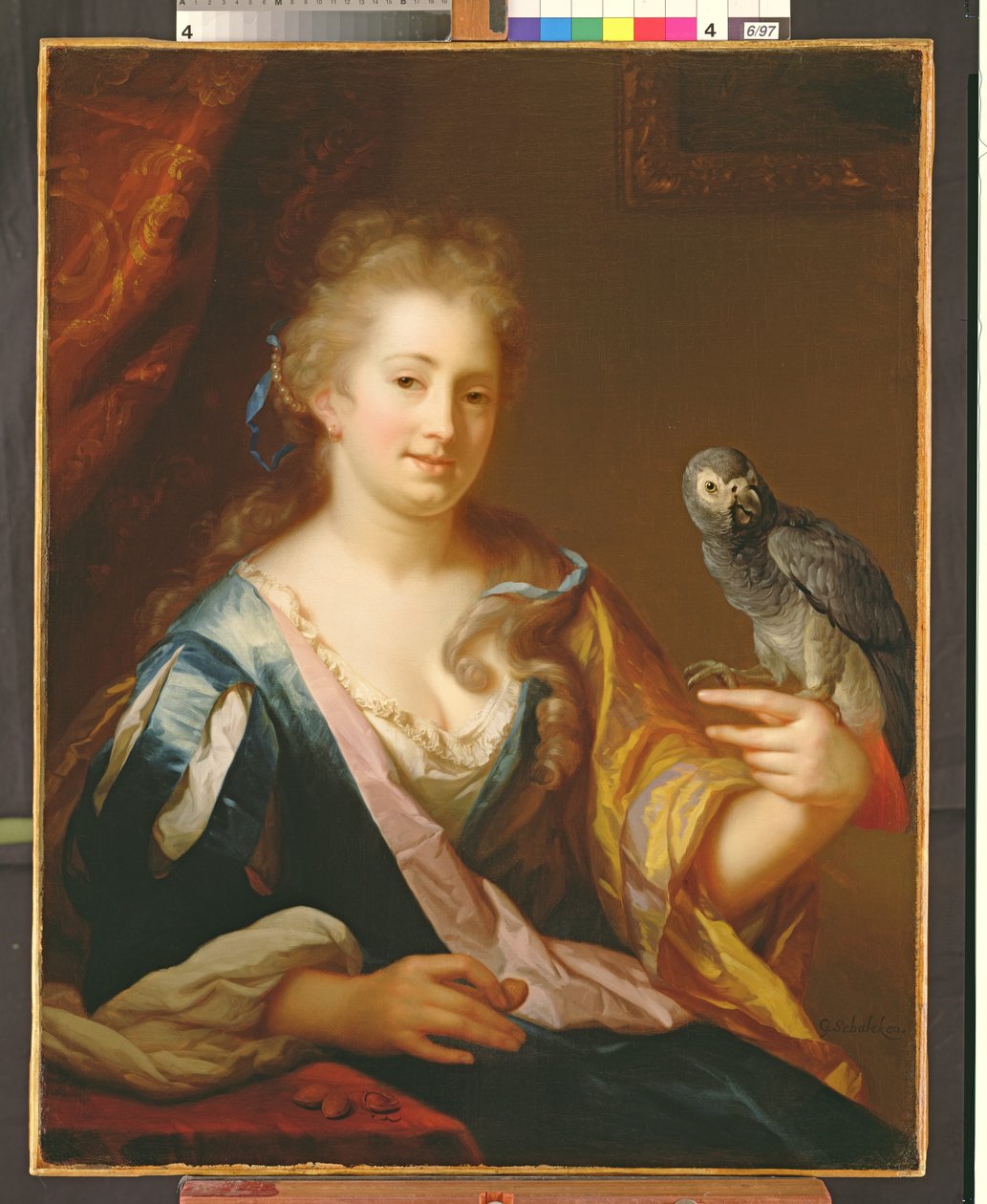 Muotokuva naisesta ruokkimassa papukaijaa tekijältä Godfried Schalcken