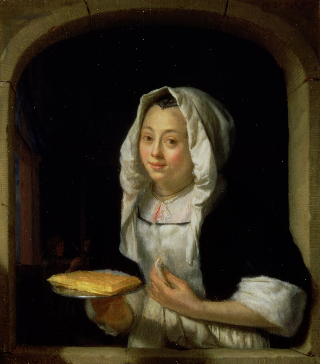 Muotokuva piikasta pitelemässä vohvelia (paneeli) tekijältä Godfried Schalcken